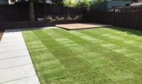 Composite decking with new lawn and paved path, East London Composite decking with new lawn and paved path, East London
